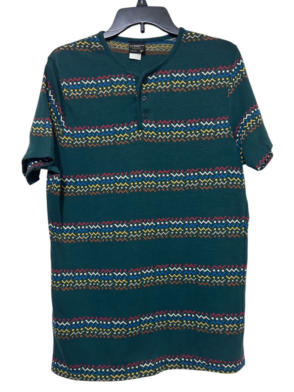 Vintage Towncraft Henley Shirt Mens XL Green Geometric Striped Knit 70s 80s